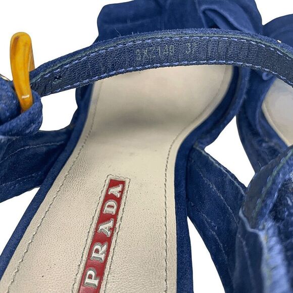 Prada Logo Blue Suede Bow Platform Espadrilles EU 37 Slingback Buckle Wedges - Picture 8 of 10
